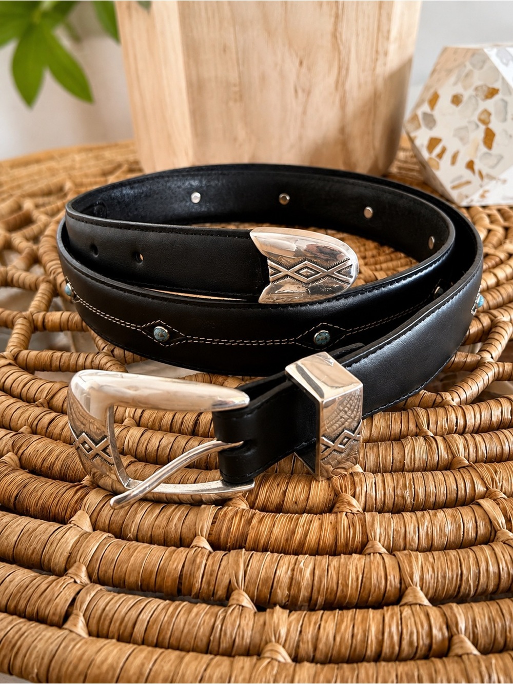 Onyx by Brighton Men’s 42” Black Leather Western Belt Turquoise Silver